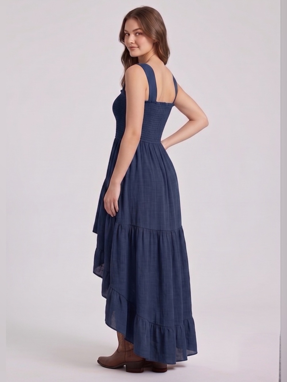 Strapless Smocked High-Low Maxi Dress with Buttons Navy - Picture 4 of 9